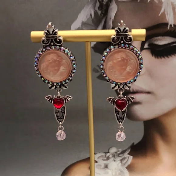 Vintage Signed Kirks Folly Whimsical Pink Cameo Crystal Ornate Silver Earrings
